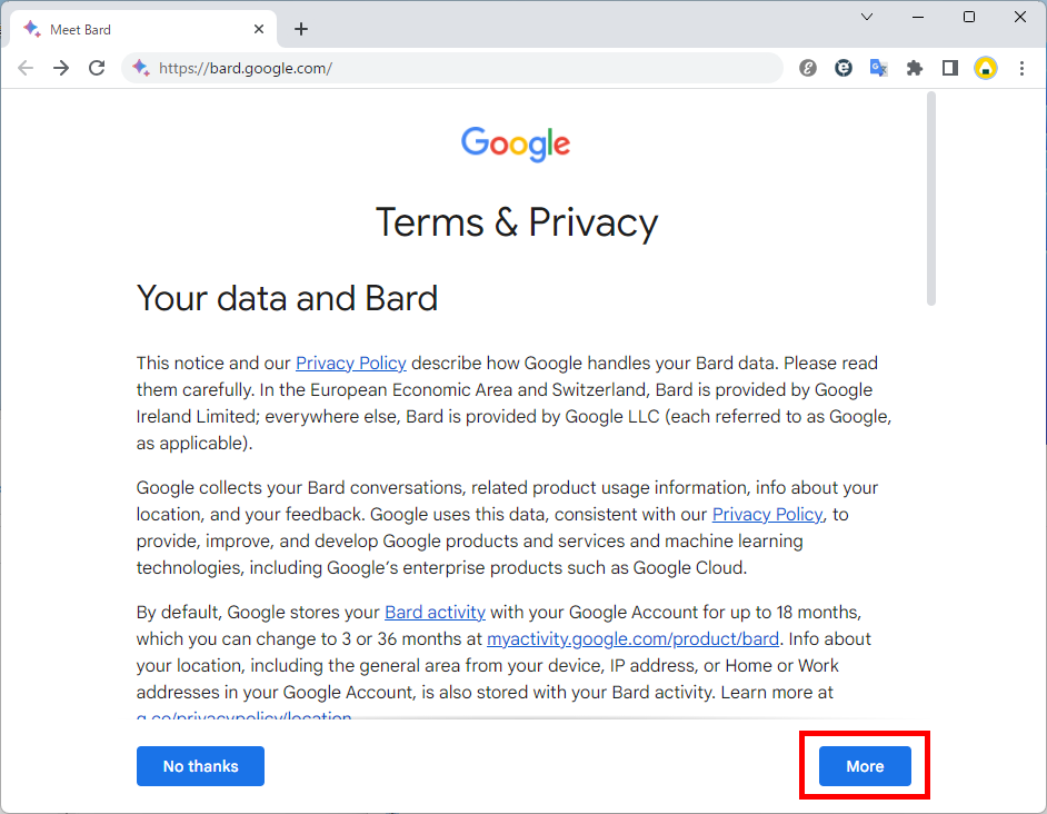 Google Bardの「規約とプライバシー」が表示される