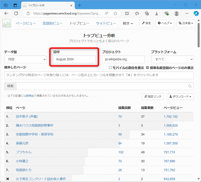 【Wikipedia】日本や海外の閲覧数ランキングの見方「日付」を過去の月に変更する。 