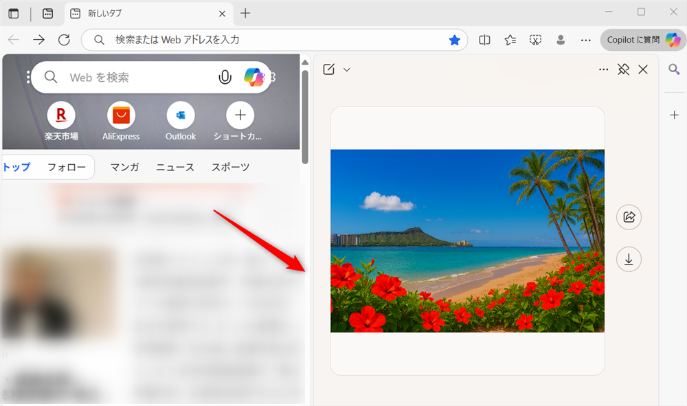 【Microsoft Edge】Copilotで画像生成する方法とコツページ（左側）とCopilot（右側）の境界線を左にドラッグすると画像が拡大されることがあります。 