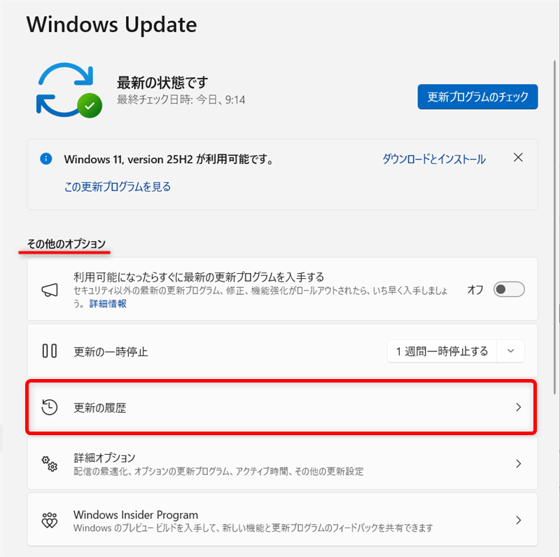【Windows 11】更新履歴を確認する方法｜更新プログラムの簡単な説明も 「その他のオプション」の項目の中から「更新の履歴」を選択します。 