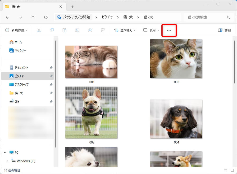 【Windows 11】エクスプローラーの表示を固定する設定｜文書は詳細表示に固定がおすすめ画面右上にある「…」をクリックします。 