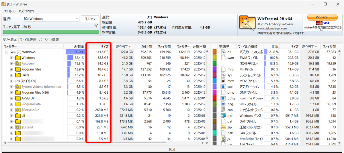 【無料ソフト】WizTreeでフォルダーのサイズを一覧表示する方法｜Windows対応 「Windows」内のフォルダーがサイズ順にリストアップされました。 