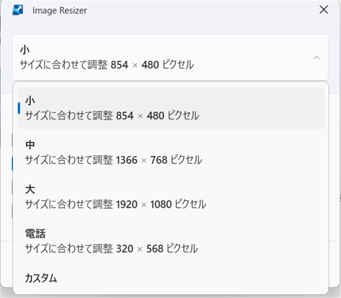 【Windows 11】PowerToysのImage Resizerで画像サイズを一括で変更する方法 「小」、「中」、「大」などのサイズの候補が表示されます。 